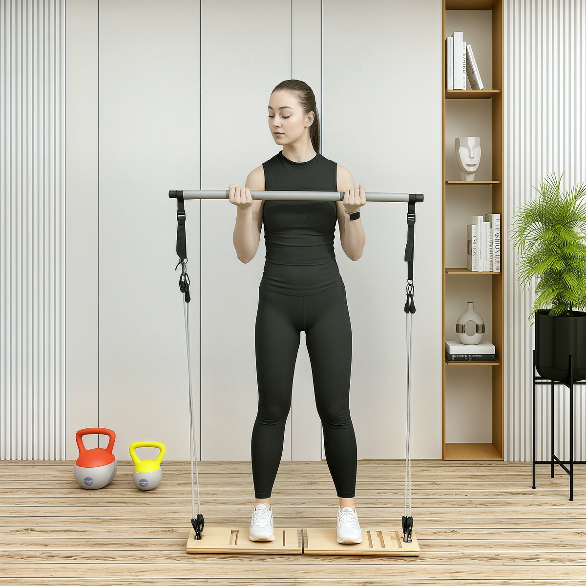 Barra de Pilates Conjunto de Pilates com 6 Faixas Elásticas Tábua Inclinada Ajustável para Treino de Corpo Inteiro em Casa 90x33x3 cm Cinza — foto 2