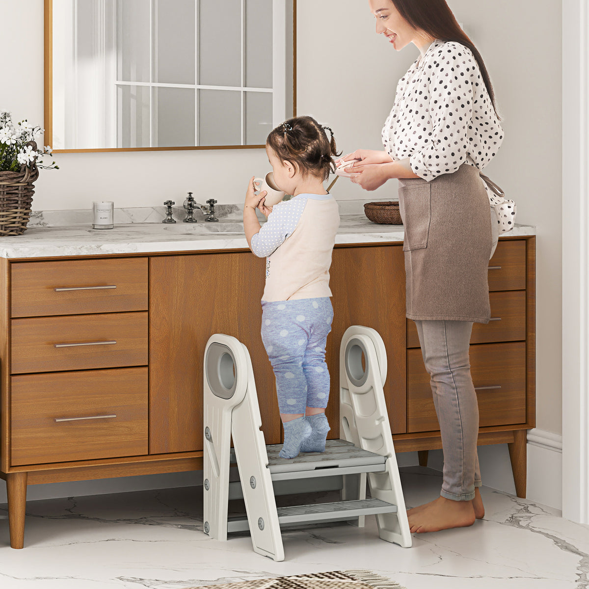 Banco para Crianças Dobrável Torre de Aprendizagem Escada para Crianças de 18-60 Meses Antiderrapante para Casa de Banho Cozinha Dormitório 46,5x47x61,5 cm Cinza e Branco — foto 2