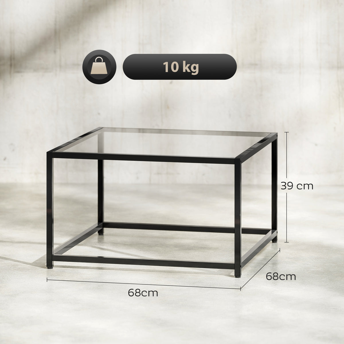 Mesa lateral quadrada, mesa de cabeceira com tampo de vidro temperado, mesa de centro com pés de aço 68 x 68 x 39 cm Preto — foto 2