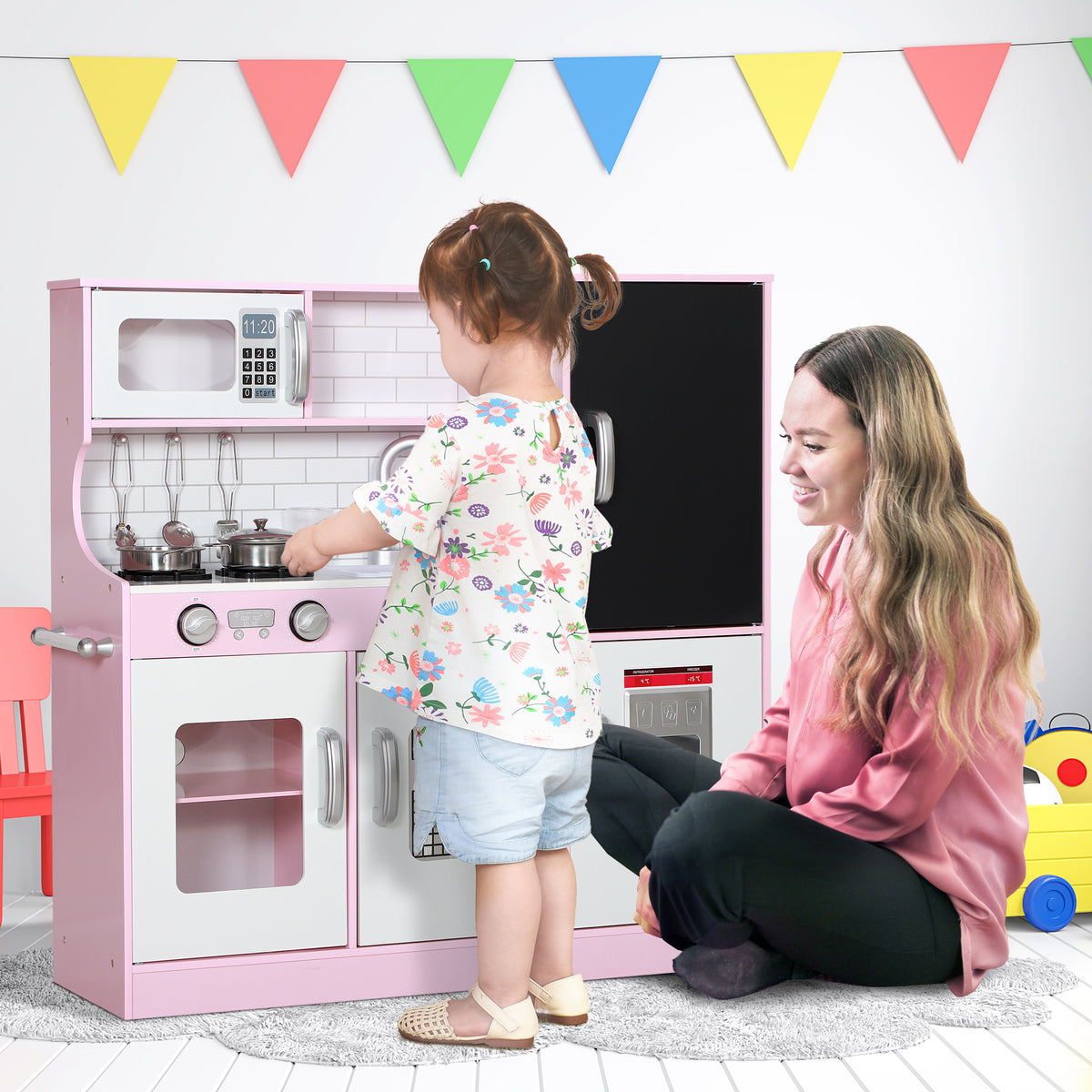 Cozinha de Brincar para Crianças acima de 3 anos Cozinha Infantil de Madeira com Acessórios Máquina de Gelo Ardósia e Telefone 83,8x26,8x81 cm Rosa — foto 2