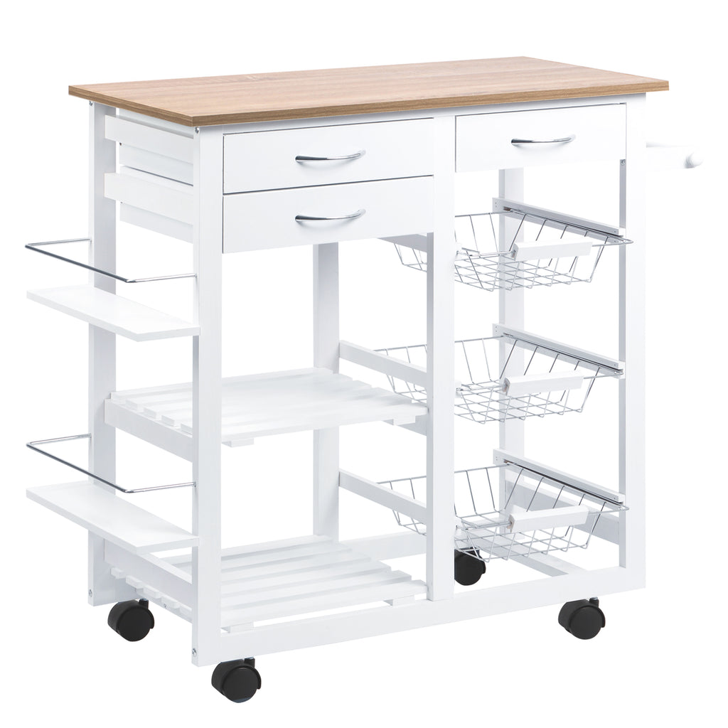 Carrinho de cozinha Carrinho de serviço multifuncional com gavetas Cestas Prateleiras de especiarias Toalheiro Rodas 92x37x82 cm Branco — foto 1