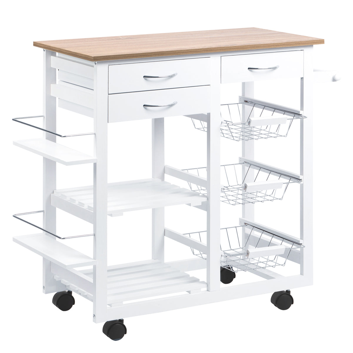 Carrinho de cozinha Carrinho de serviço multifuncional com gavetas Cestas Prateleiras de especiarias Toalheiro Rodas 92x37x82 cm Branco — foto 1