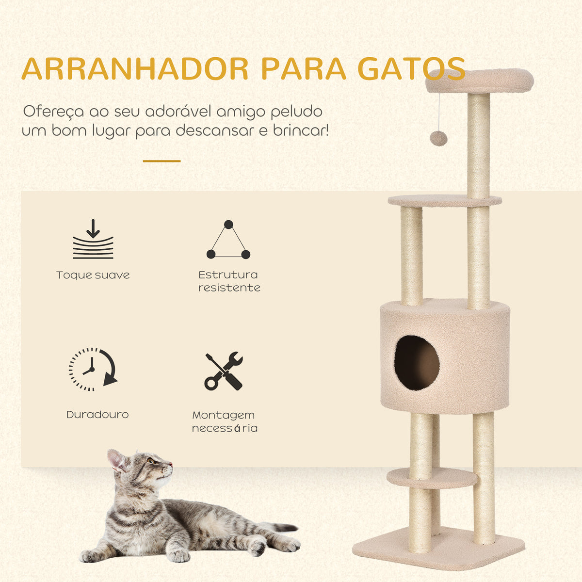 Arranhador para Gatos Altura 148 cm Arranhador para Gatos com Postes de Sisal 3 Plataformas Casa e Bola Suspensa Bege — foto 4