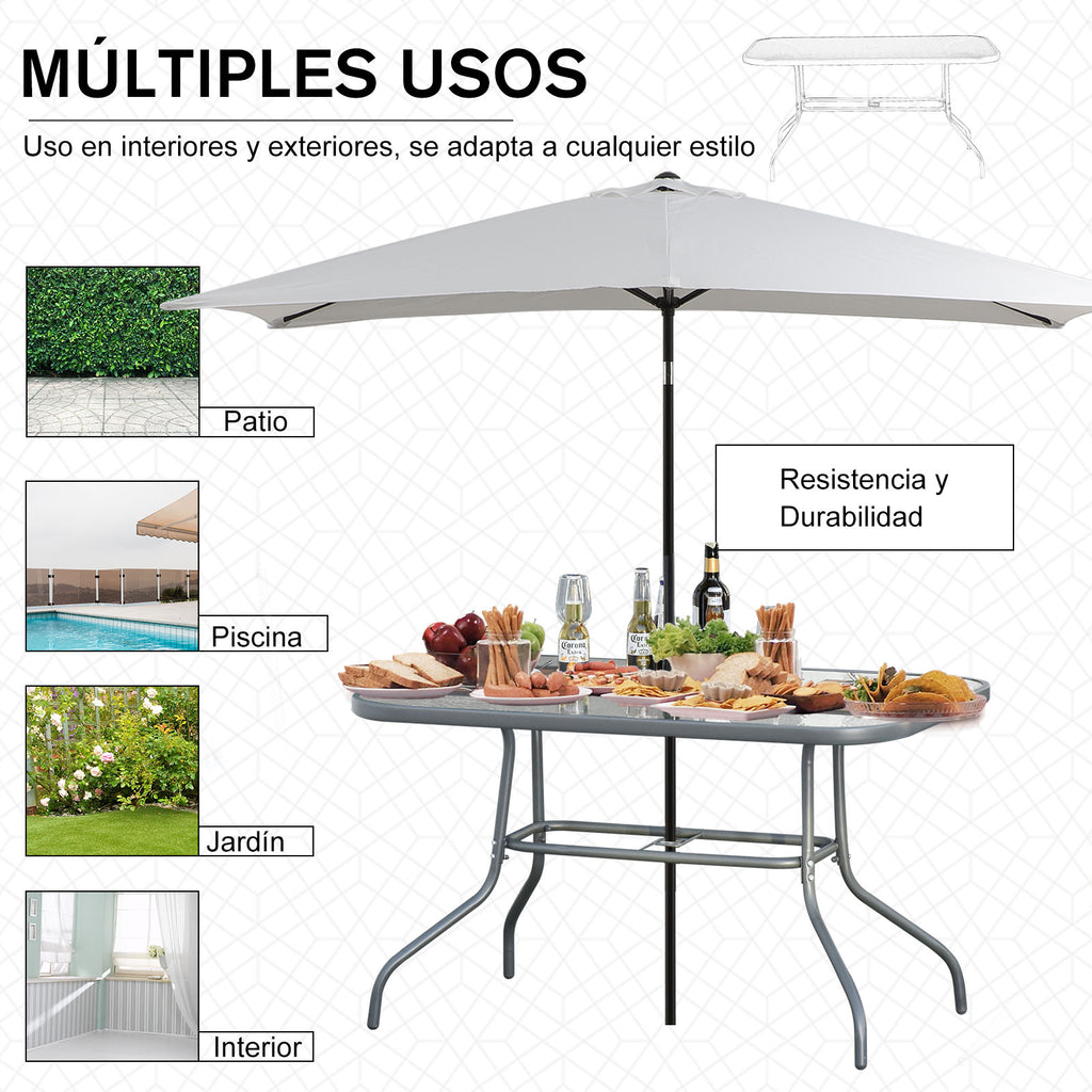 Mesa retangular de metal para jardim Bordas curvas com orifício para guarda-sol Capacidade 70kg Vidro temperado 120x80x70 cm Cinza carvão — foto 7