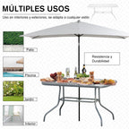 Mesa retangular de metal para jardim Bordas curvas com orifício para guarda-sol Capacidade 70kg Vidro temperado 120x80x70 cm Cinza carvão — foto 7