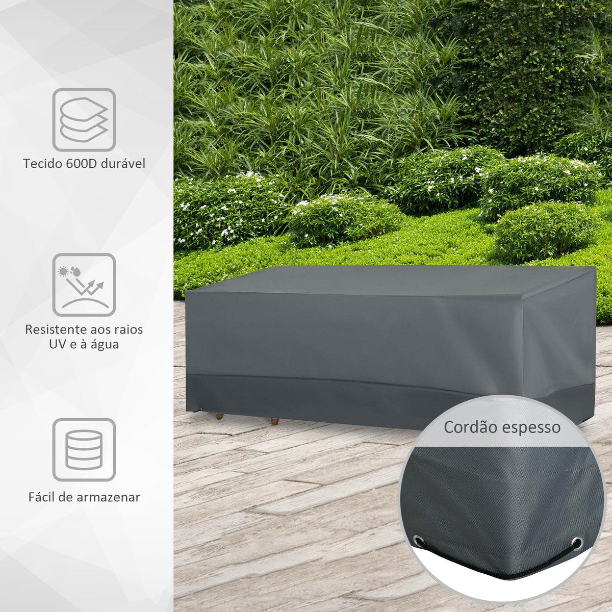 Capa Protetora para Móveis de Jardim Tecido Oxford 600D Impermeável Cobertura de Móveis Mesas Cadeiras Sofá de Exterior com Corda e Fivela 190,5x72x76cm Cinza — foto 7