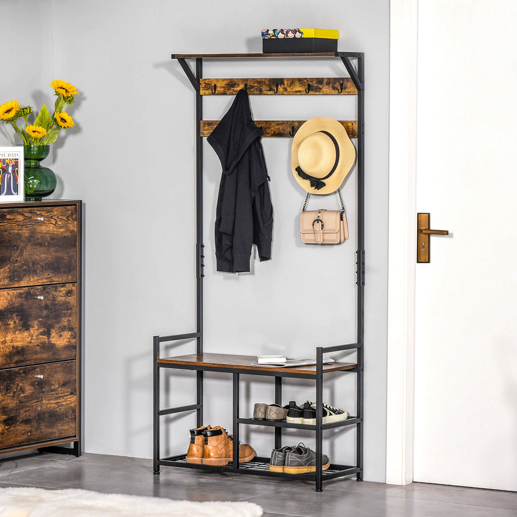 Móvel Cabide de Entrada com 3 Prateleiras 9 Ganchos Armário de Entrada com Cabides de Estilo Industrial 84x34,5x180cm Marrom e Preto — foto 2