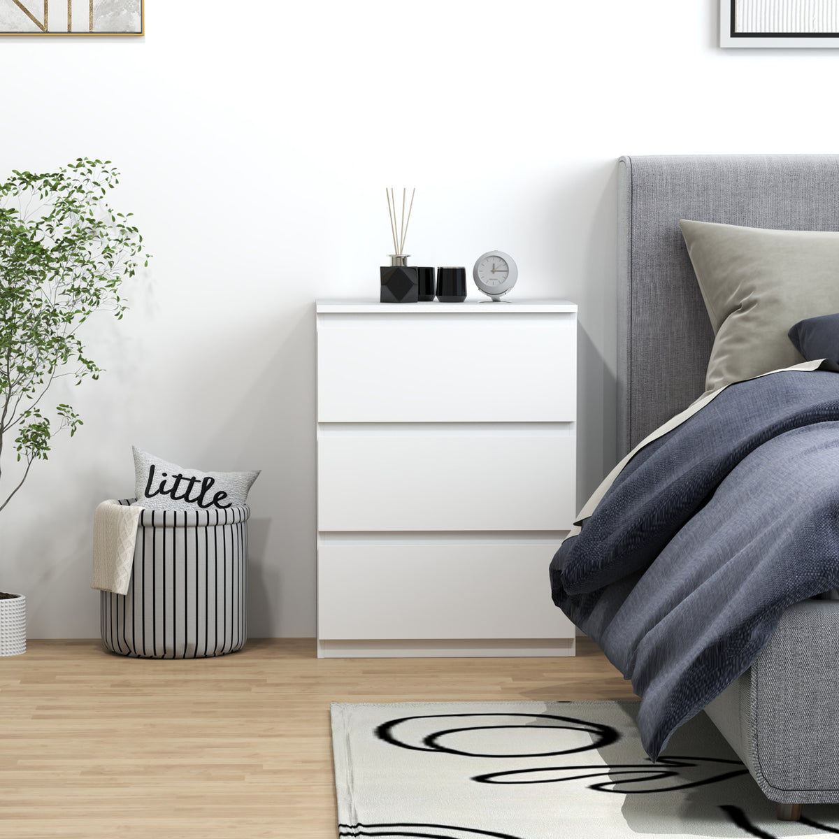 Cómoda com 3 Gavetas de Madeira Cómoda de Dormitório Cómoda Branca para Sala de Estar Estilo Moderno 55x34x75 cm Branco Brilhante — foto 7
