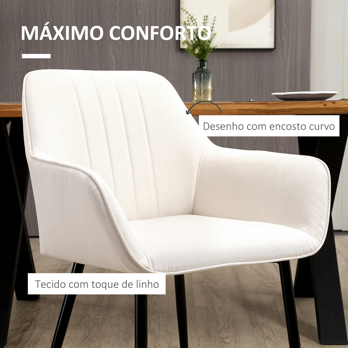 Conjunto de 2 Cadeiras de Sala de Jantar Estofadas em Linho Cadeiras de Cozinha com Encosto Apoio para os Braços e Pés de Metal 59,5x56,5x81 cm Bege Claro — foto 5