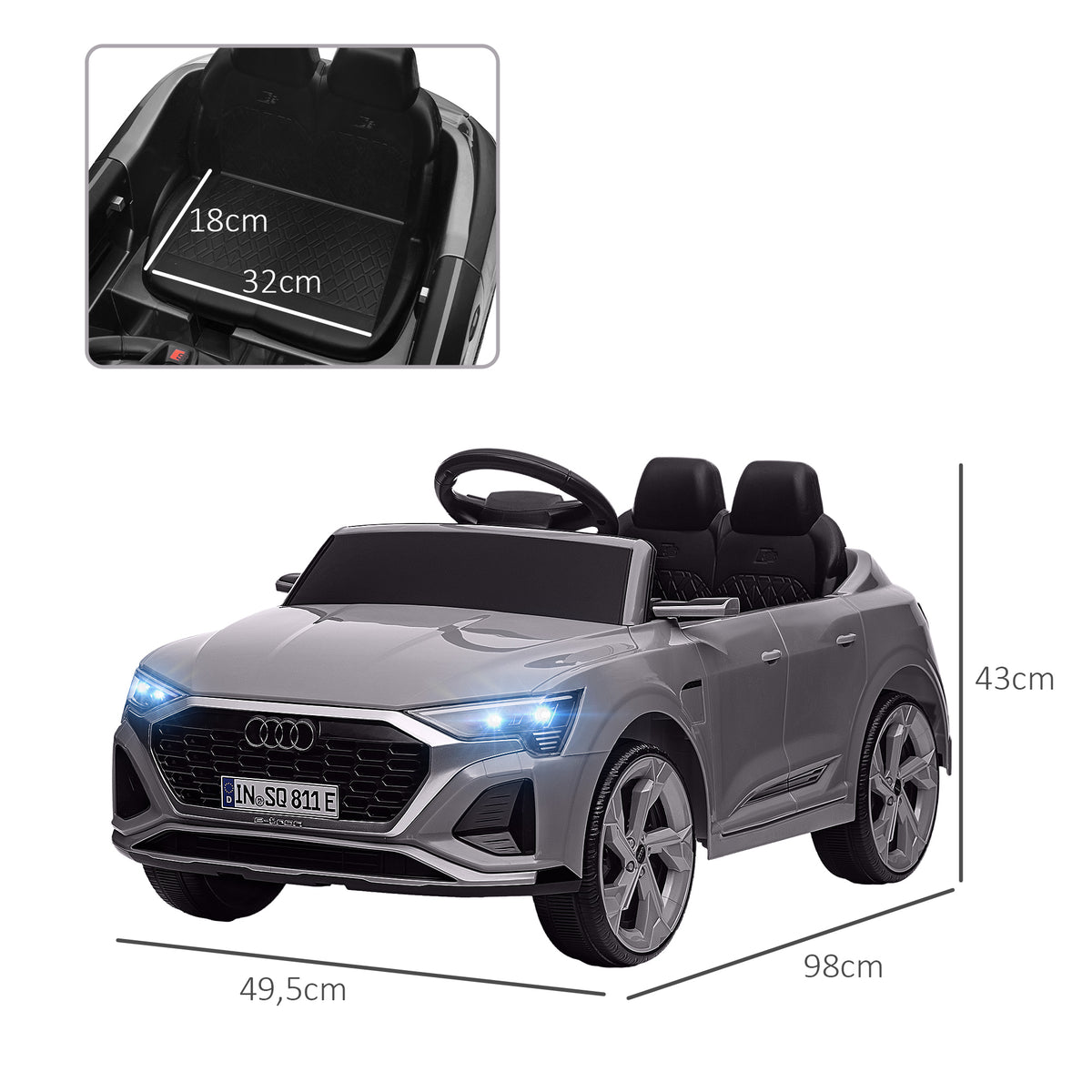 Carro Elétrico para Crianças acima de 3 Anos Carro Audi Q8 Etron Sportback Infantil com Bateria 12V Controlo Remoto Faróis Buzina e Música 98x49,5x43 cm Cinza — foto 3