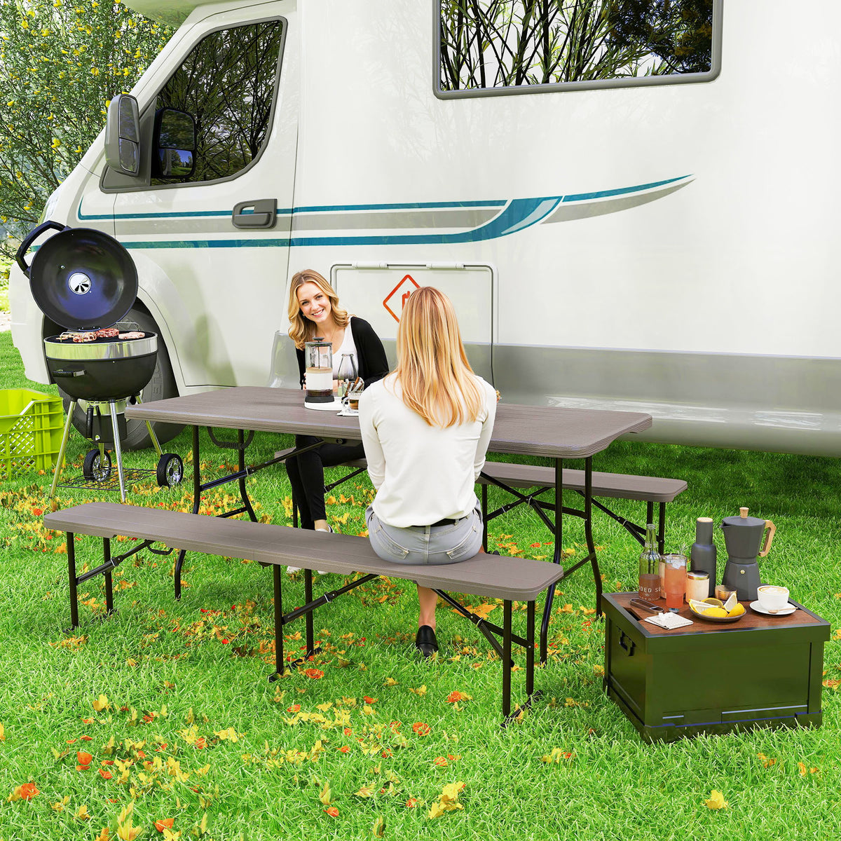 Conjunto de Campismo Dobrável de 3 Peças Mesa Dobrável Campismo com Bancos Inclui 1 Mesa 180x74x74 cm e 2 Bancos 182x28x42 cm Efeito Madeira para Acampamentos Jardim Piquenique Marrom — foto 2