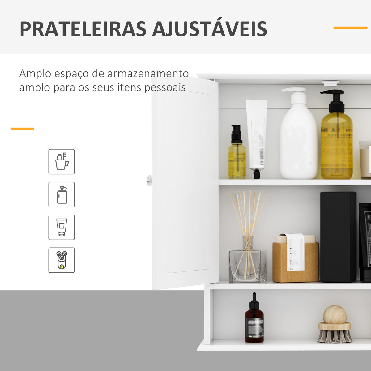 Armário de Casa de Banho com Espelho, Armário de Parede com 2 Portas, Prateleira Aberta, Prateleira Ajustável, Móvel de Parede para Cozinha ou Sala, 56x13x58 cm, Branco — foto 4