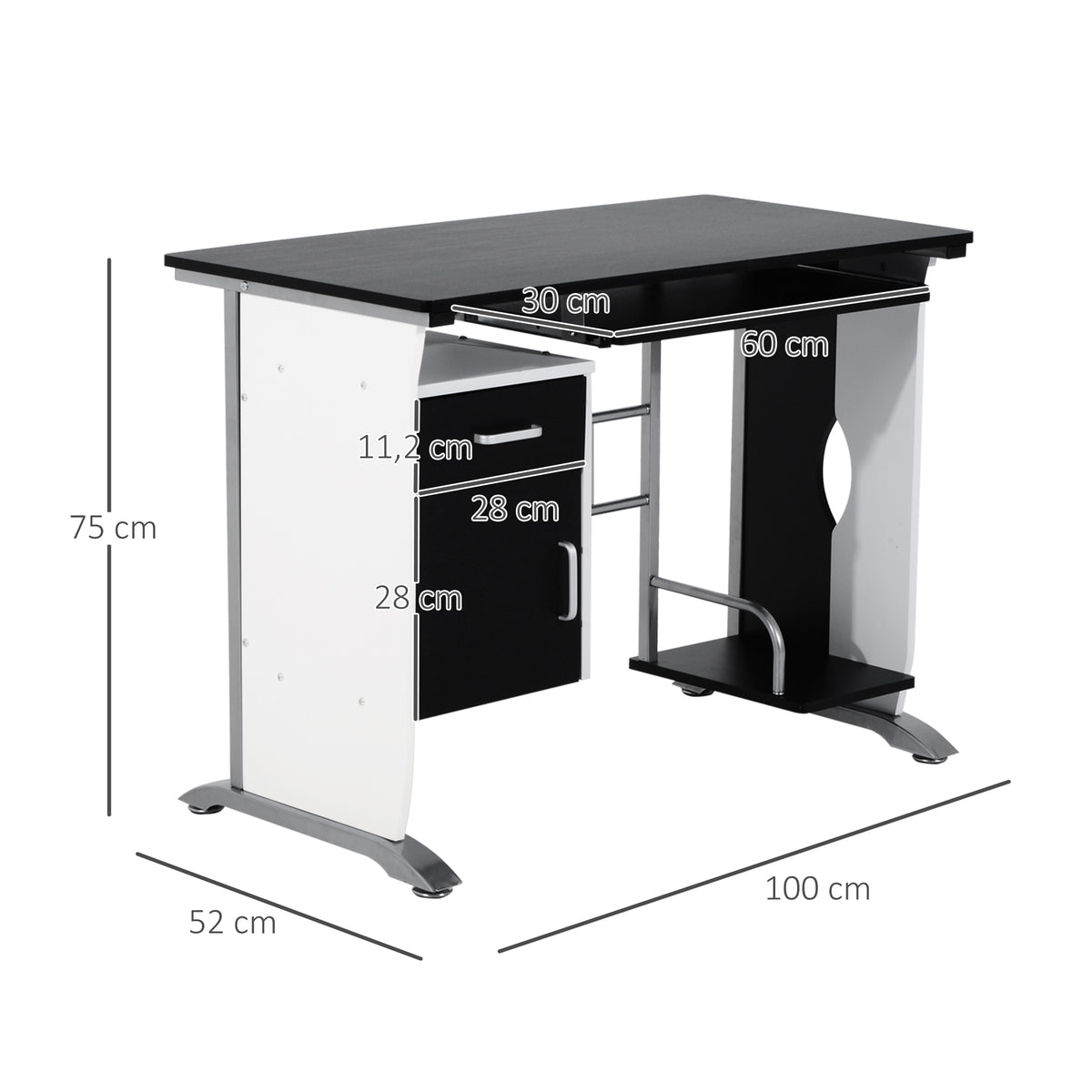 Mesa para Computador com Gaveta Armário e Suporte para CPU Secretária para Escritório Estúdio Dormitório 100x52x75cm Preto e Branco — foto 3