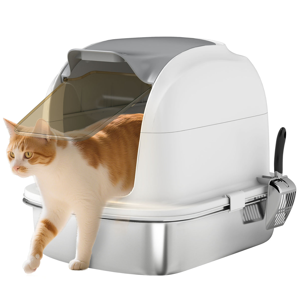 Caixa de Areia para Gatos em Aço Inoxidável XL Caixa de Areia para Gatos Grandes com Tampa Abatível Laterais Alta Entrada Superior Pá sem Odores Fácil de Limpar Antifugas 52,4x41,3x42 cm Branco — foto 1