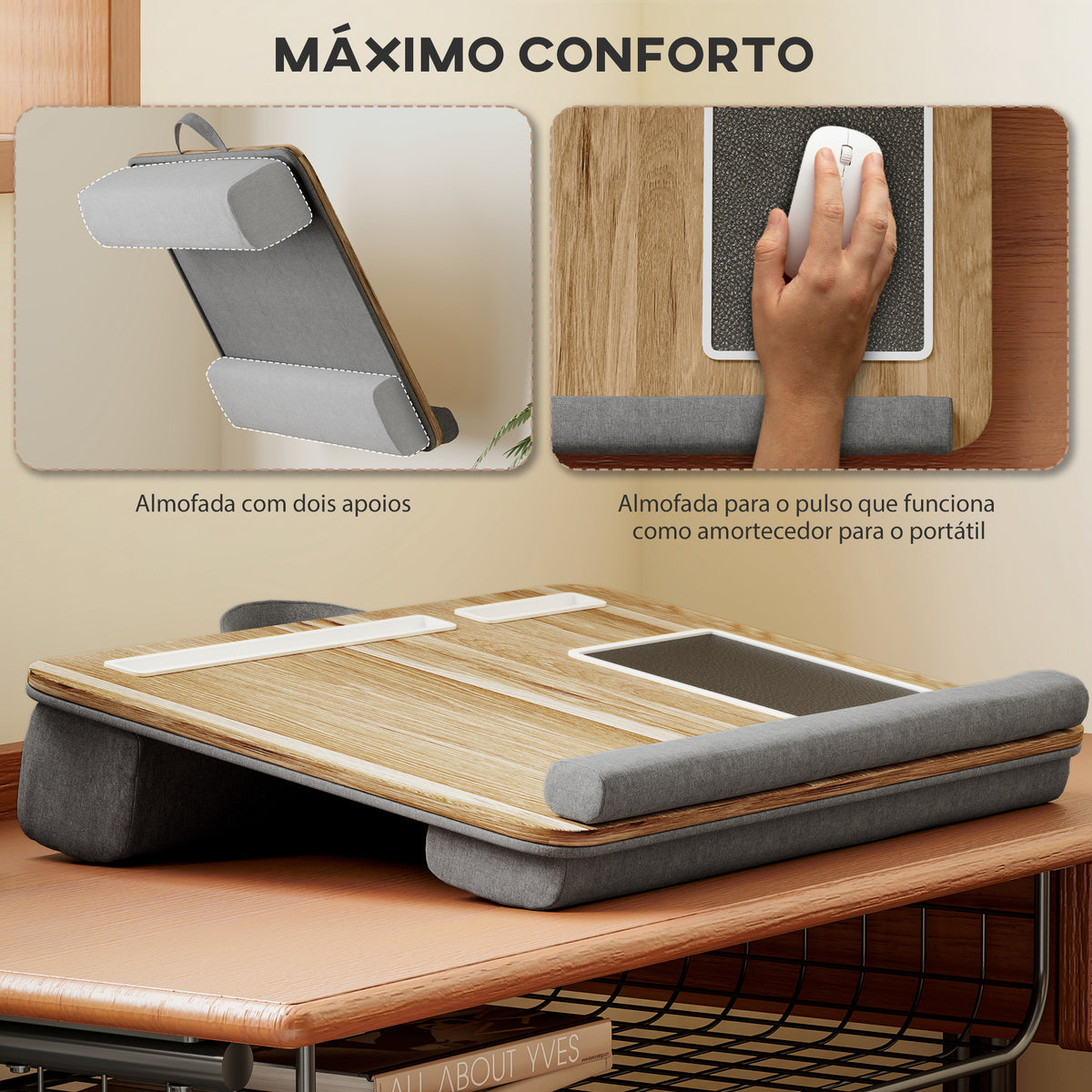 Suporte para Portátil com Amofada Suporte para Portátil com Ranhura para Tablet Almofada para Mouse Apoio para os Punhos Mesa para Portátil para Casa Escritório 55,5x37x9 cm Carvalho — foto 5