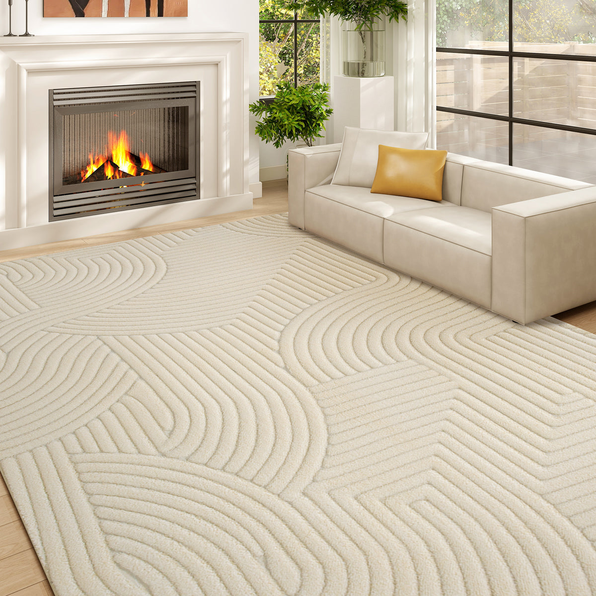 Tapete Sala de Estar 160x120 cm Tapete Pelo Curto Estilo Moderno Base Antiderrapante Tecida à Máquina Tapete para Sala de Estar Quarto Sala de Jantar Creme — foto 2