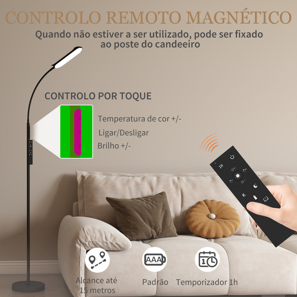 Candeeiro de Pé LED Regulável com Controlo Remoto e Tátil 5 Modos de Iluminação Temporizador de 60 Minutos Memória e Parte Inferior Giratório Flexível Ø22x175 cm Preto — foto 7