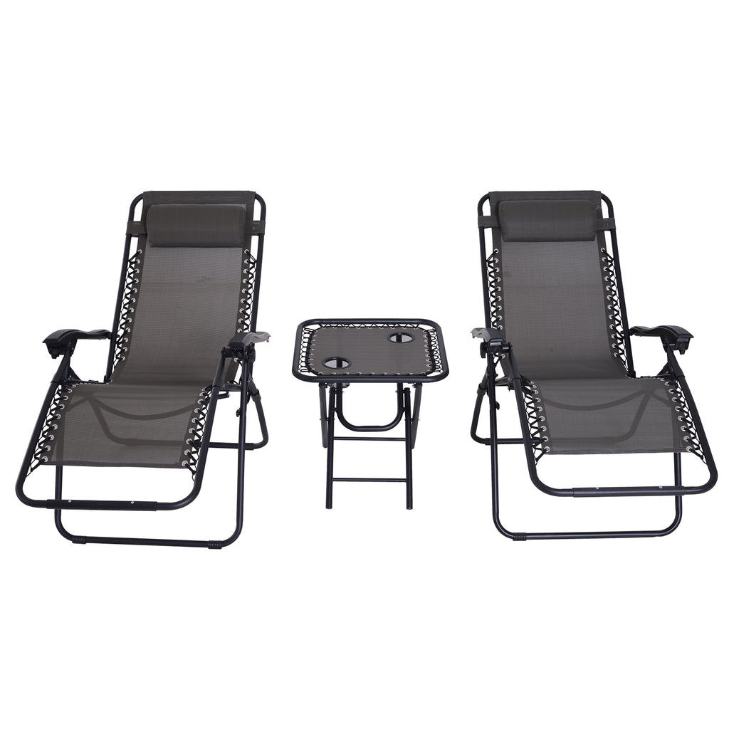 Conjunto de 1 Mesa e 2 Espreguiçadeiras Conjunto de Exterior Dobrável e Portátil para Jardim Praia Relaxante com Encosto Reclinável Textilene Aço Cinza — foto 1