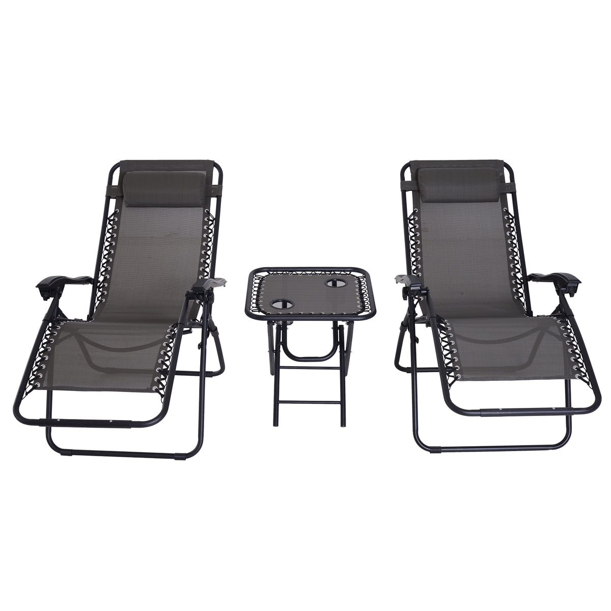 Conjunto de 1 Mesa e 2 Espreguiçadeiras Conjunto de Exterior Dobrável e Portátil para Jardim Praia Relaxante com Encosto Reclinável Textilene Aço Cinza — foto 1