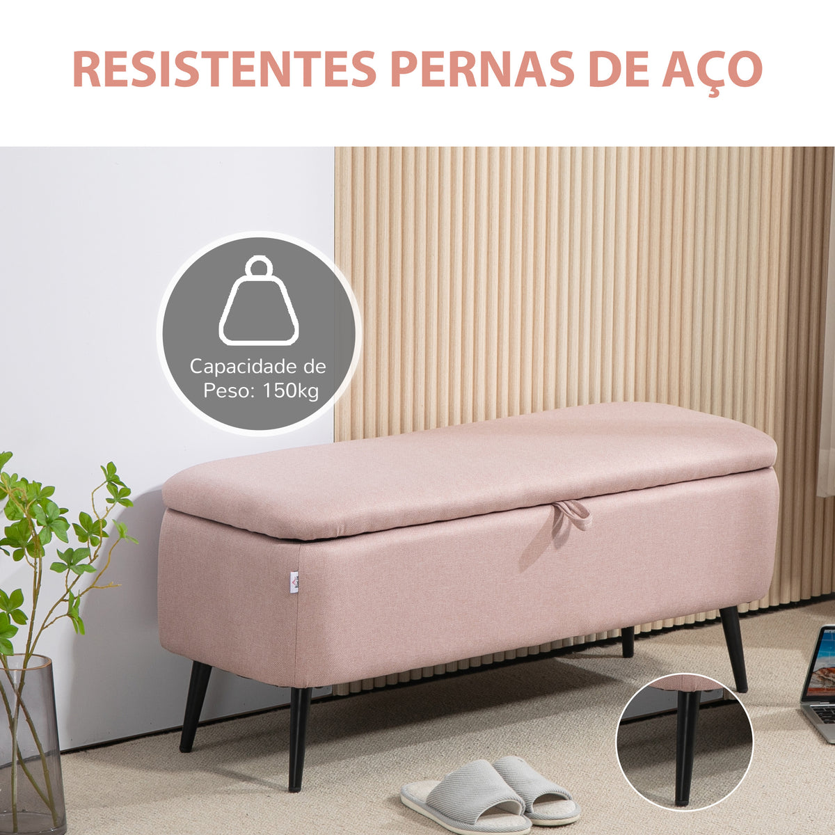 Banco de Armazenamento Estofado em Linho com Tampa Abatível e Pés de Aço para Dormitório Sala de Estar Entrada Carga Máxima 150kg 101x38,5x44,5 cm Rosa — foto 5