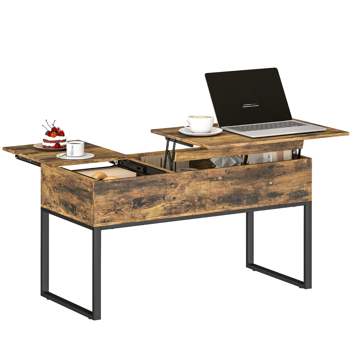 Mesa de Centro Elevatória Mesa de Café com Bancada Deslizante Fecho Suave e Espaço Oculto de Arrumação 100x45x67 cm Castanho Rústico — foto 1