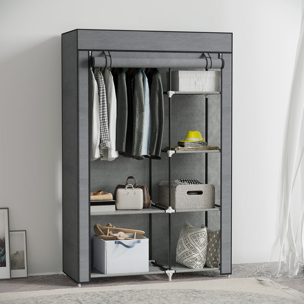 Roupeiro de Tecido Dobrável Armário de Roupa Portátil com 6 Prateleiras e 1 Barra de Pendurar para Dormitório Vestidor 103x43x162,5 cm Cinzento — foto 2