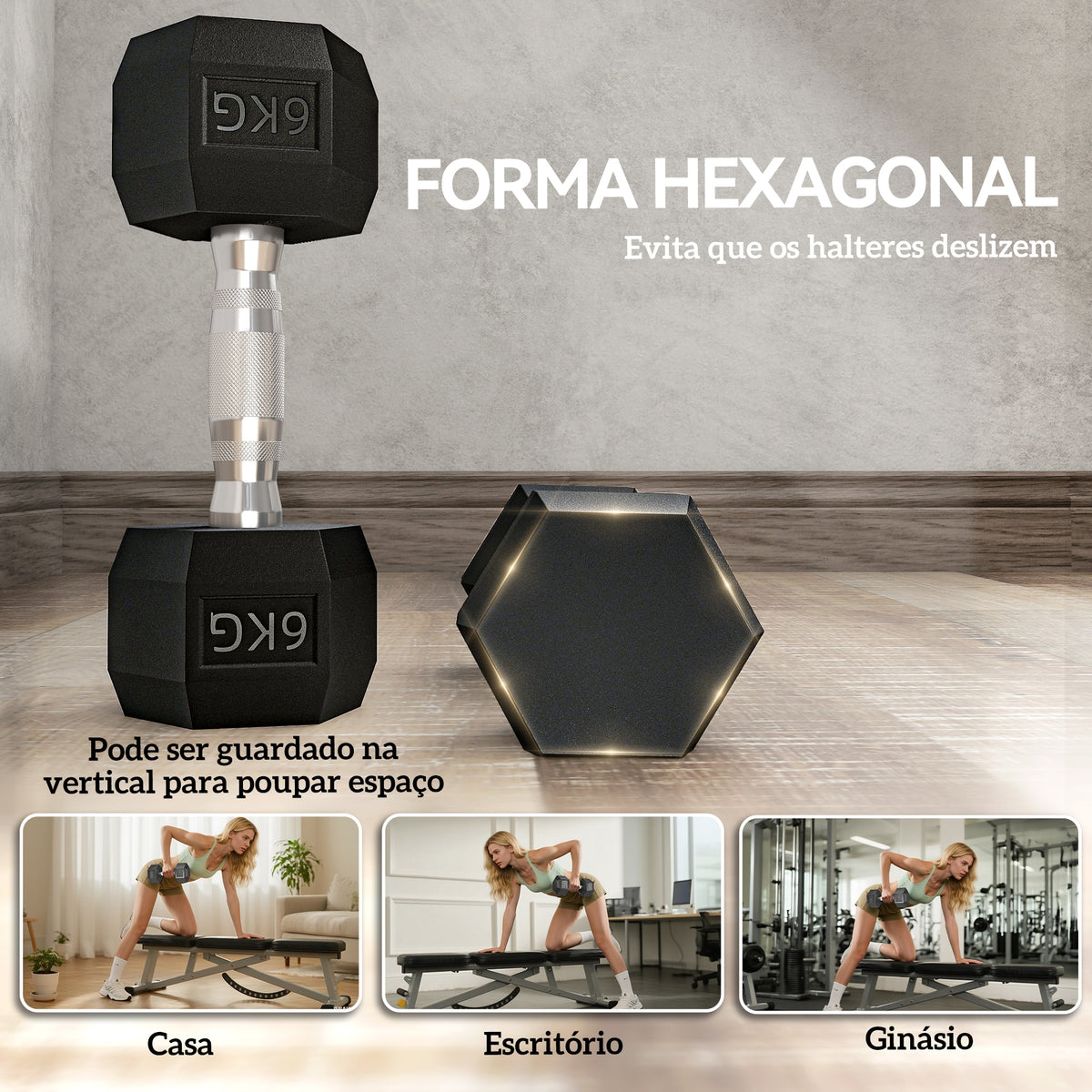 Conjunto de Halteres 12 kg com Barra Metálica e Cabeça Hexagonal Conjunto Pesos para Treino em Casa Ginásio 28,8x11,5 cm Preto e Prata — foto 6