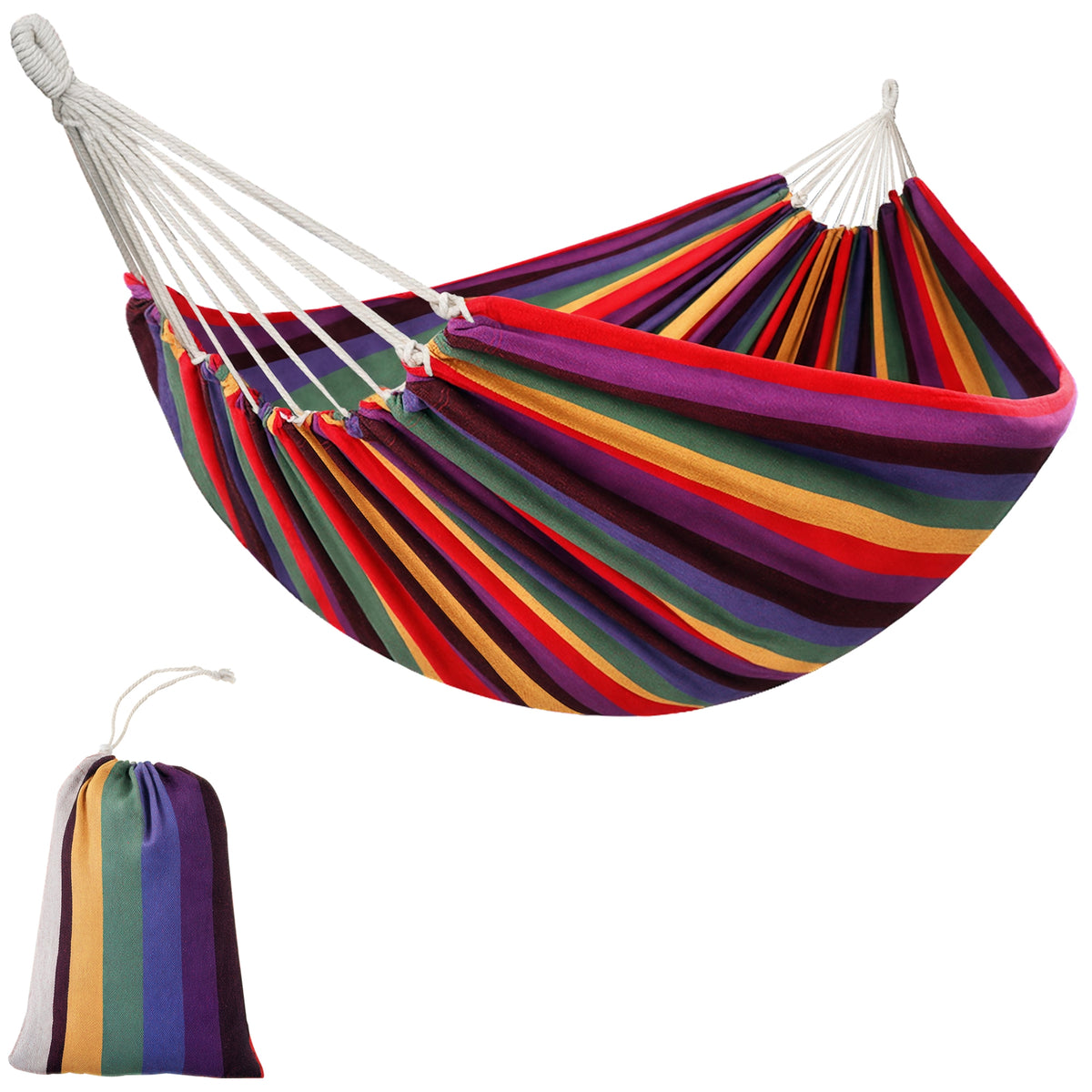 Rede Suspensa de Algodão 290x150 cm Carga 150 kg Portátil Individual com Bolsa de Transporte Multicolor — foto 1