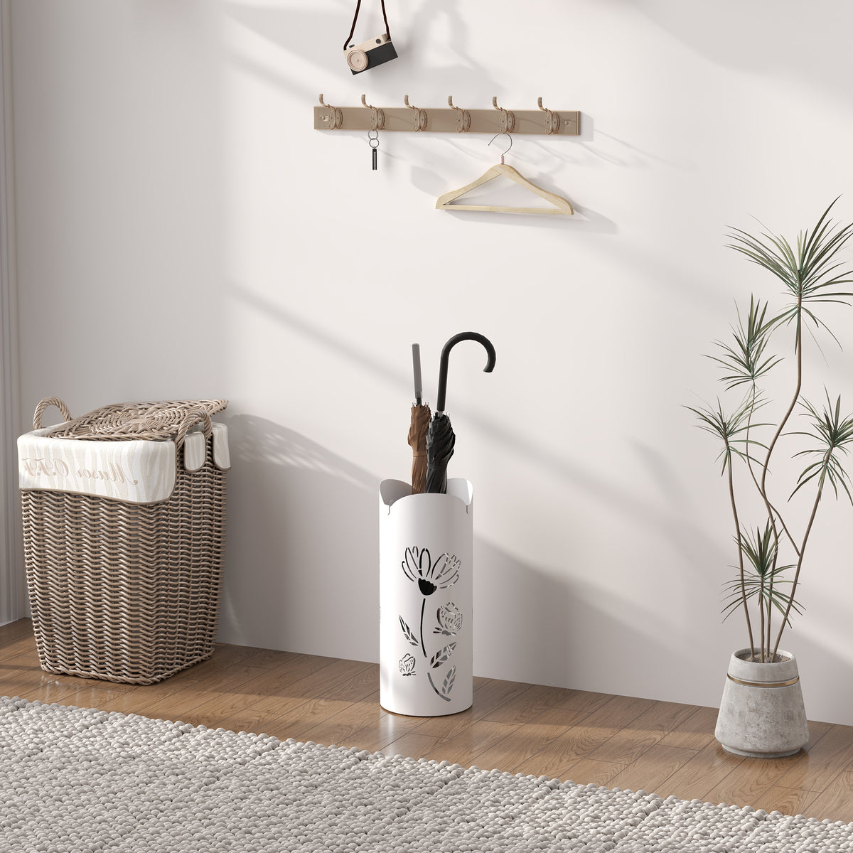 Suporte para Guarda Chuva em Aço com 4 Ganchos Bandeja de Gotejamento Amovível Suporte de Guarda Chuvas Branco para Entrada ou Escritório 17x17x41 cm — foto 7
