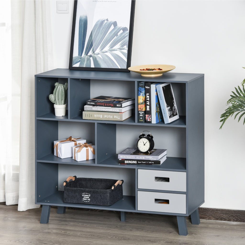 Estante com 6 Compartimentos e 2 Gavetas Gabinete Auxiliar com Pernas para Decorações de Livros Fotos 105x30x96 cm Azul e Cinza — foto 2