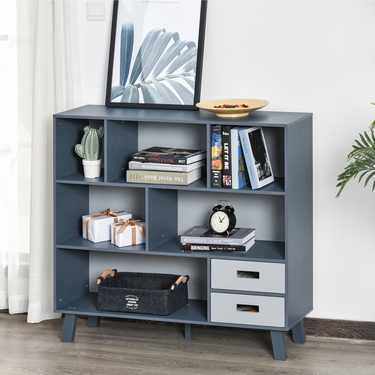 Estante com 6 Compartimentos e 2 Gavetas Gabinete Auxiliar com Pernas para Decorações de Livros Fotos 105x30x96 cm Azul e Cinza — foto 2