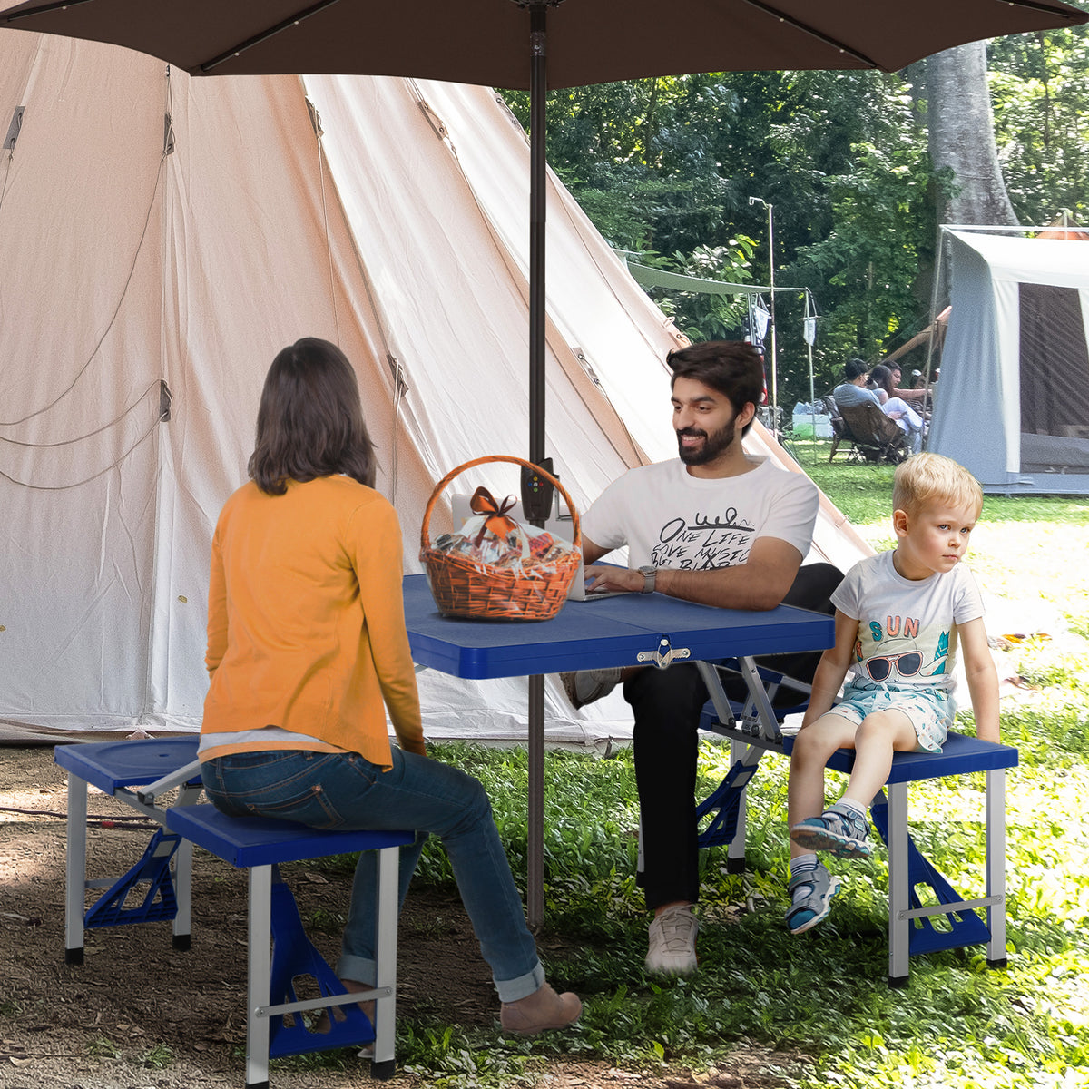Mesa de Acampamento Dobrável com 4 Cadeiras Conjunto para Acampamento com Orifício para Guarda Sol Estrutura de Alumínio 84,5x64,5x66cm Azul — foto 2