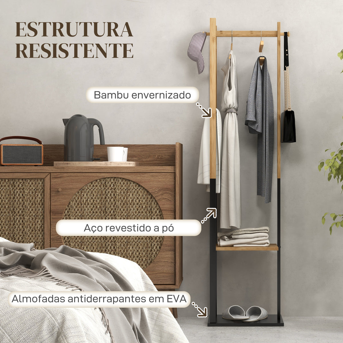 Cabide de Pé de Bambu com 2 Prateleiras 2 Ganchos 5 Barras Cabide de Entrada com Estrutura de Aço para Pendurar Roupa no Corredor Sala de Estar Quarto 46x28,5x153,5 cm Madeira e Preto — foto 5