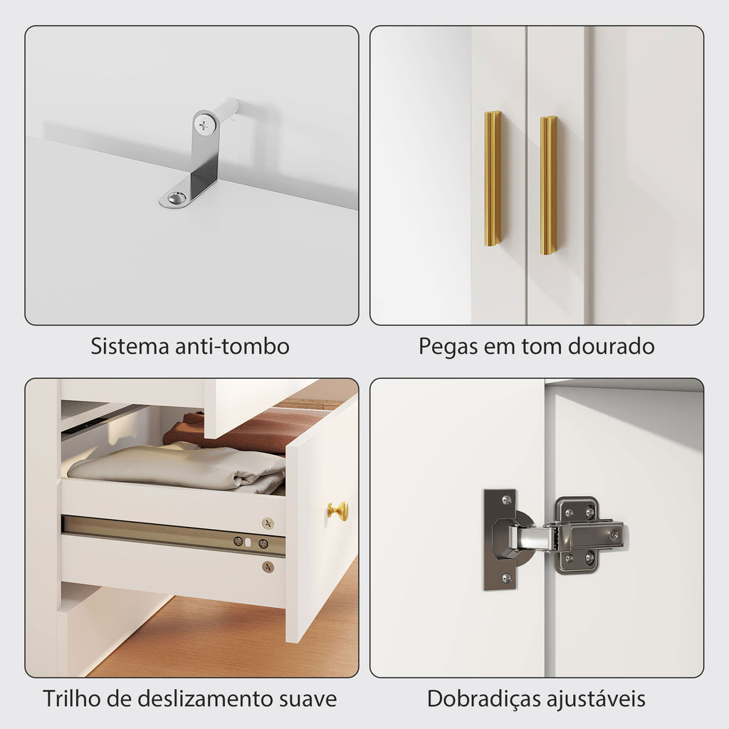 Roupeiro com 2 Portas e 2 Gavetas Armário Roupeiro com Espelho Barra para Pendurar Estilo Moderno 80x50x180 cm Branco — foto 7