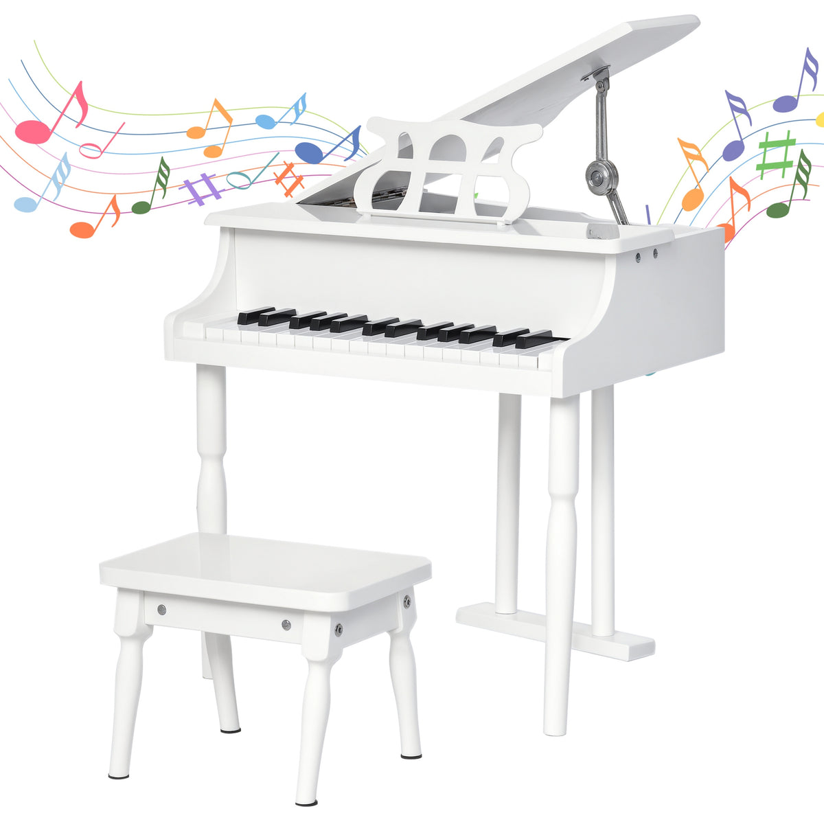 Piano de Cauda Infantil com 30 Teclas Banco Suporte de Partituras Piano para Crianças de MDF Instrumento Musical Educativo 52x50x49cm Branco — foto 1