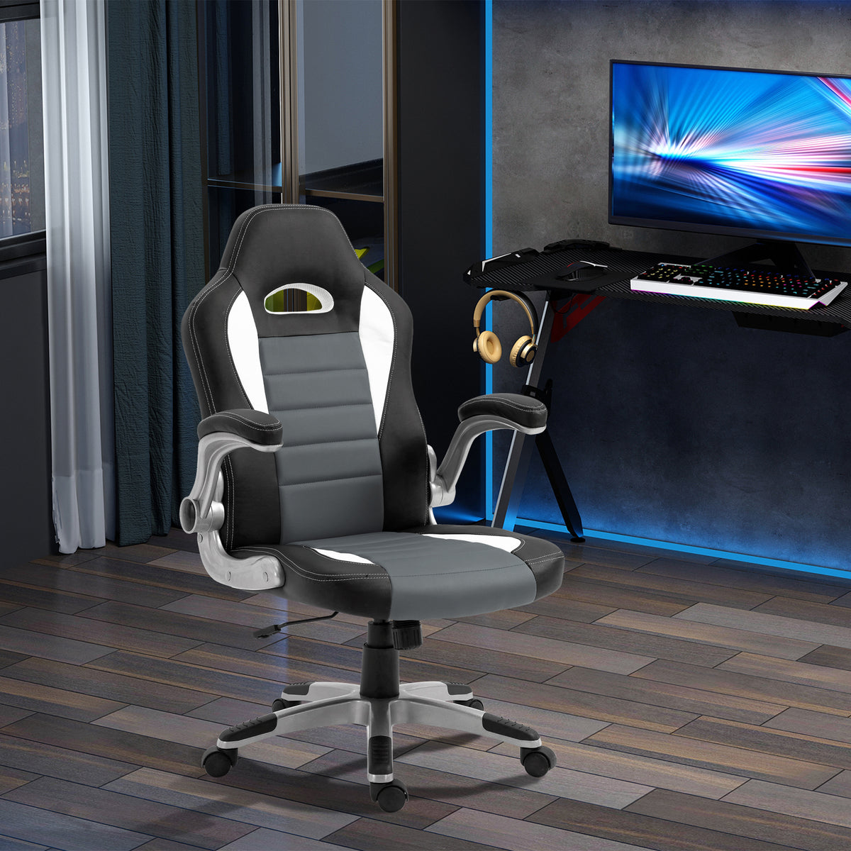 Cadeira de escritório ergonômica Altura ajustável apoio de Braço dobrável com 5 rodas Carga 120 kg 65x69x112-122 cm cinza — foto 2