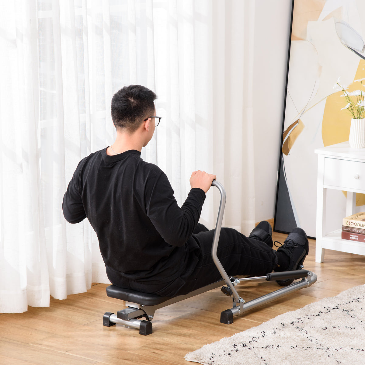 Máquina de Remo Hidráulico Dobrável com 4 Níveis de Resistência Ecrã Digital e Pedal Antiderrapante para Fitness em Casa Aço 129x70x70cm Preto e Prata — foto 2
