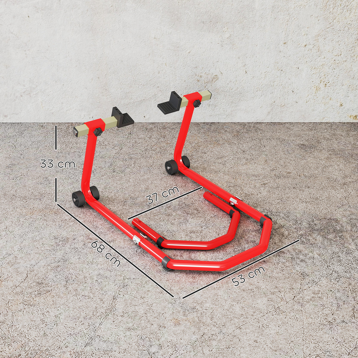 Suporte Roda Dianteira e Traseira para Mota Carga 390 kg Cavalete Moto Elevador Universal com Adaptadores de Garfos em U e L Ajustáveis e Rodas para Reparação Manutenção Vermelho — foto 3