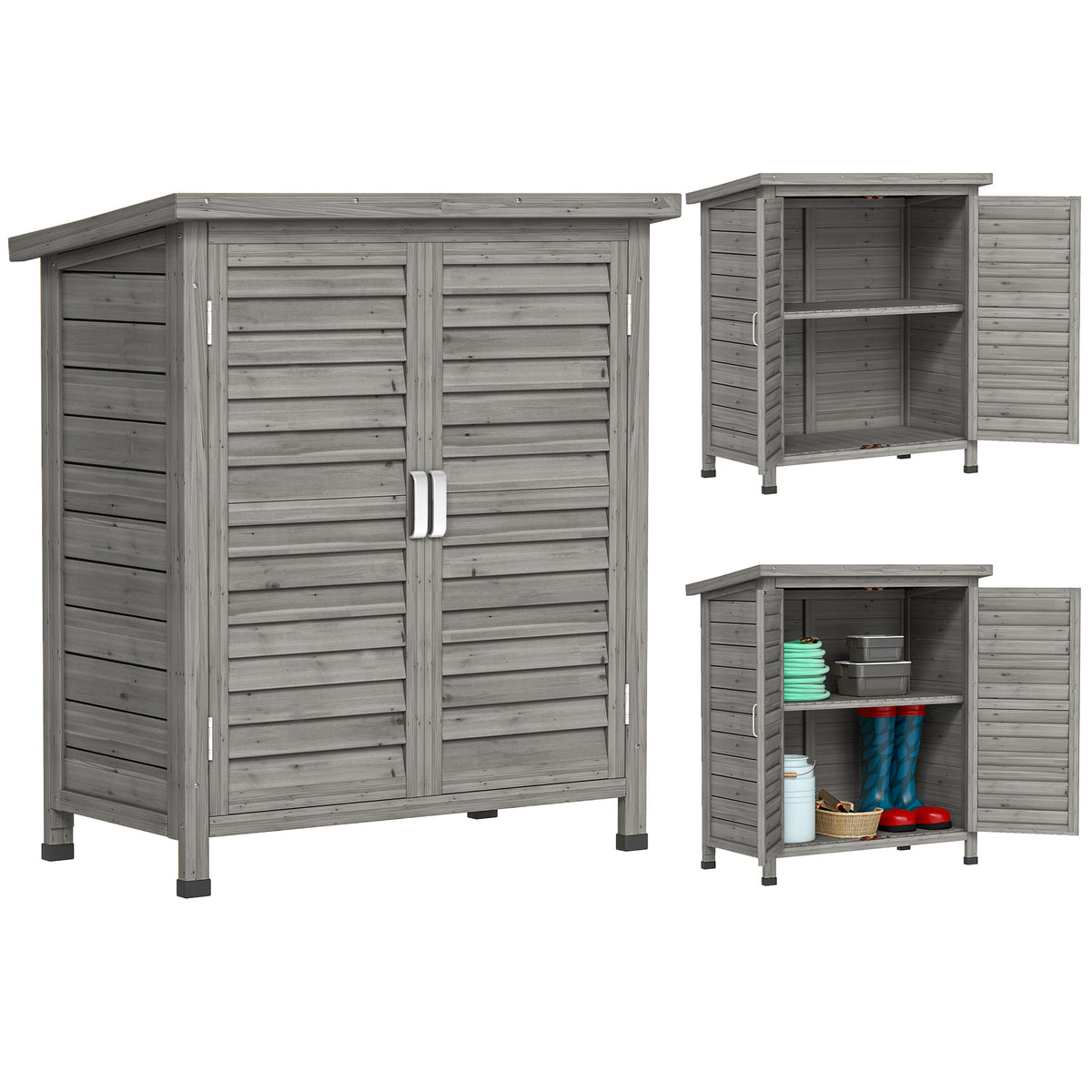 Armário de Armazenamento de Madeira para Jardim com 2 Prateleiras Interiores 2 Portas e Teto Inclinado para Exterior Terraço 87x46,5x96,5cm Cinza — foto 1
