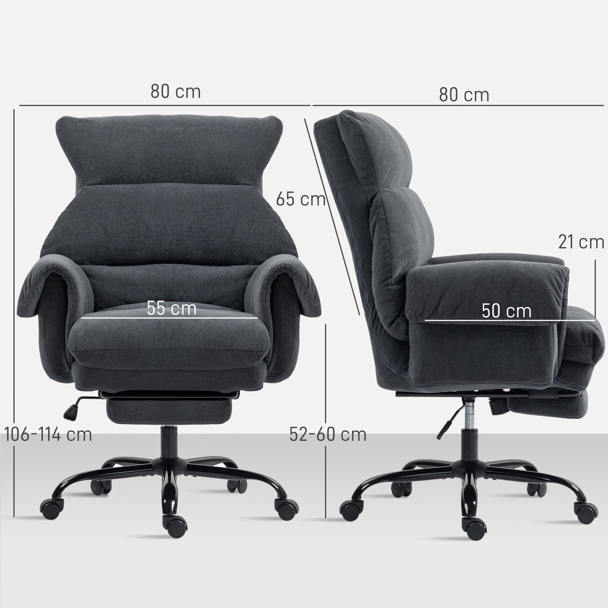 Cadeira de Secretária com Apoio para os Pés Cadeira de Escritório Giratória com Encosto Reclinável Acolchoada Espessa Estofada em Veludo Altura Ajustável 80x80x106-114 cm Cinzento — foto 3