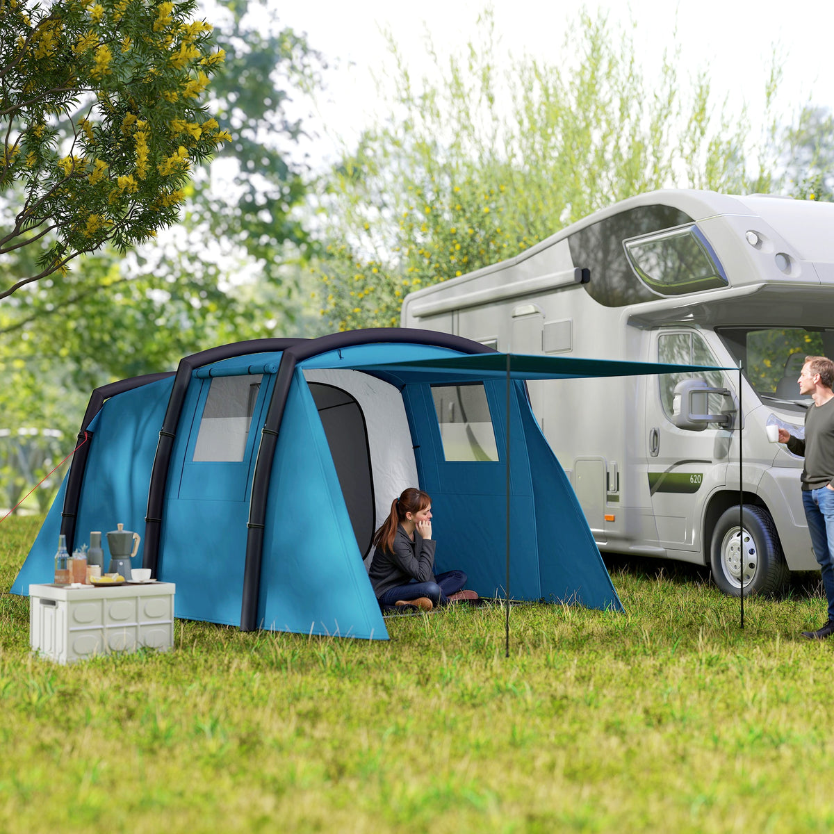 Tenda de Campismo Inflável Familiar Tipo Túnel para 3-4 Pessoas Tenda de Campismo Glamping com Vestíbulo Janelas de Malha e Bolsa de Transporte Proteção UV 50+ Impermeável para Exterior — foto 2