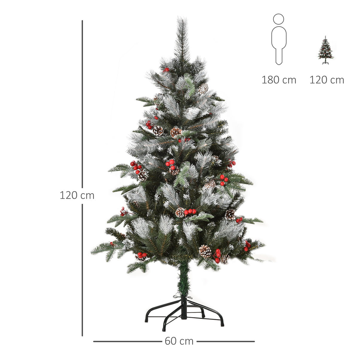 Árvore de Natal Artificial 120cm com 239 Ramas 27 Pinhas e 27 Frutinhas Folhas de PVC PE Base Dobrável e Suporte Metálico Decoração de Natal para Interiores Verde — foto 3