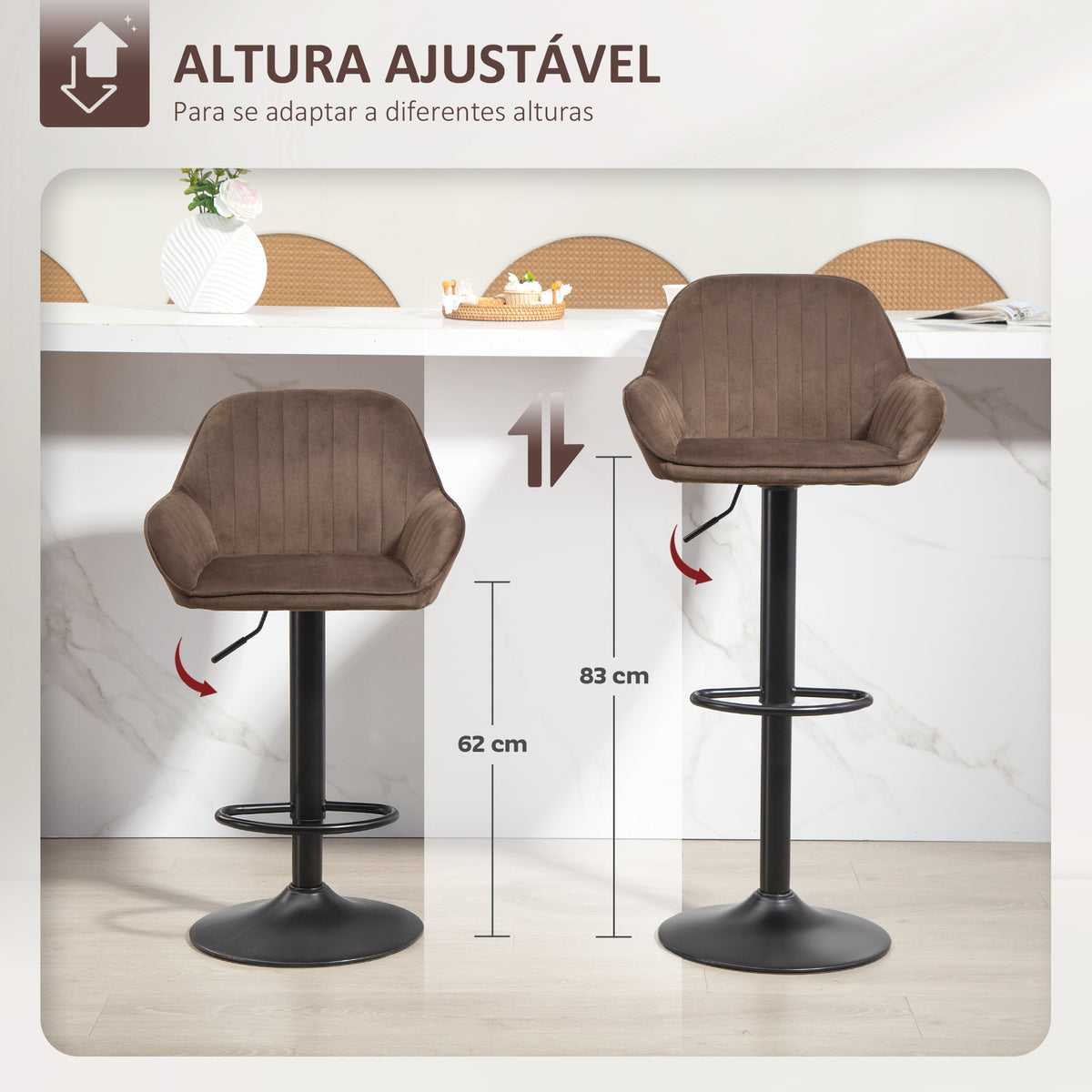 Conjunto de 2 Bancos de Bar Giratórios Bancos Altos de Cozinha com Altura Ajustável 87-107 cm Cadeiras Altas de Cozinha Estofadas em Veludo Encosto e Apoio para Pés Marrom — foto 4