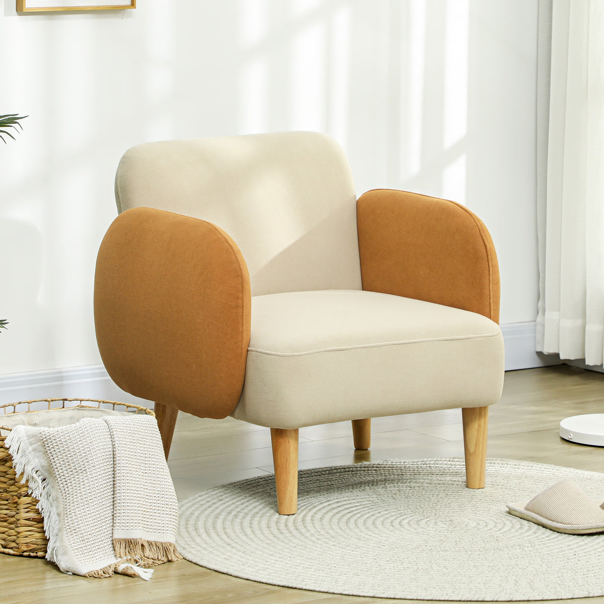 Poltrona de Sala Estofada em Veludo com Apoios de Braço e Pernas de Madeira Poltrona Compacta 120 kg para Quarto Escritório 72x76x74 cm Creme — foto 2
