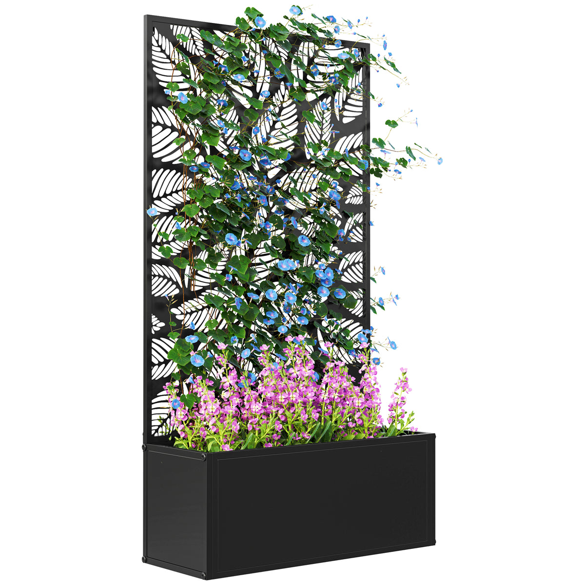 Floreira de Exterior Floreira de Metal com Ecrã de Privacidade com Folhas Decorativas Floreira de Parede ou Independente para Pátio Varanda 61x23x113 cm Preto — foto 1