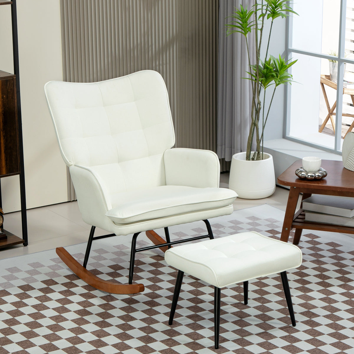Conjunto de Poltrona Baloiço com Apoio para os Pés Poltrona Relax com Almofada Acolchoada e Anti-Tombo Carga 130 kg Sala de Estar Dormitório 64x89x90 cm Bege — foto 2
