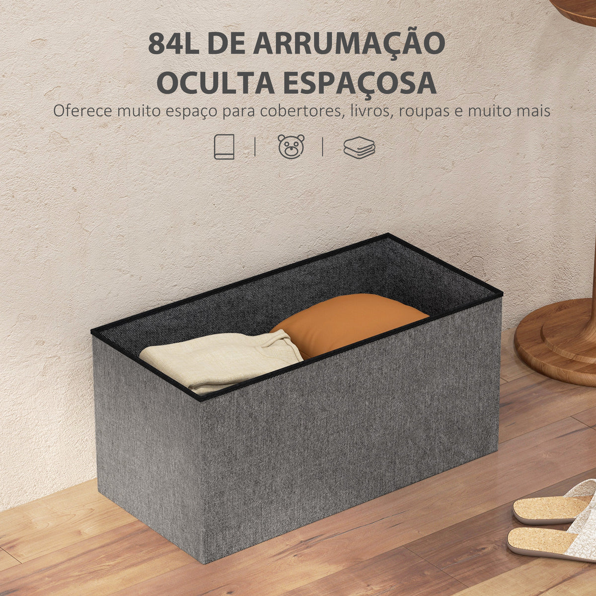 Baú de Armazenamento para Dormitório 84L Puff de Armazenamento Dobrável Estofado em Linho Sintético com Tampa para Sala de Estar 76x38x38 cm Cinza Escuro — foto 4