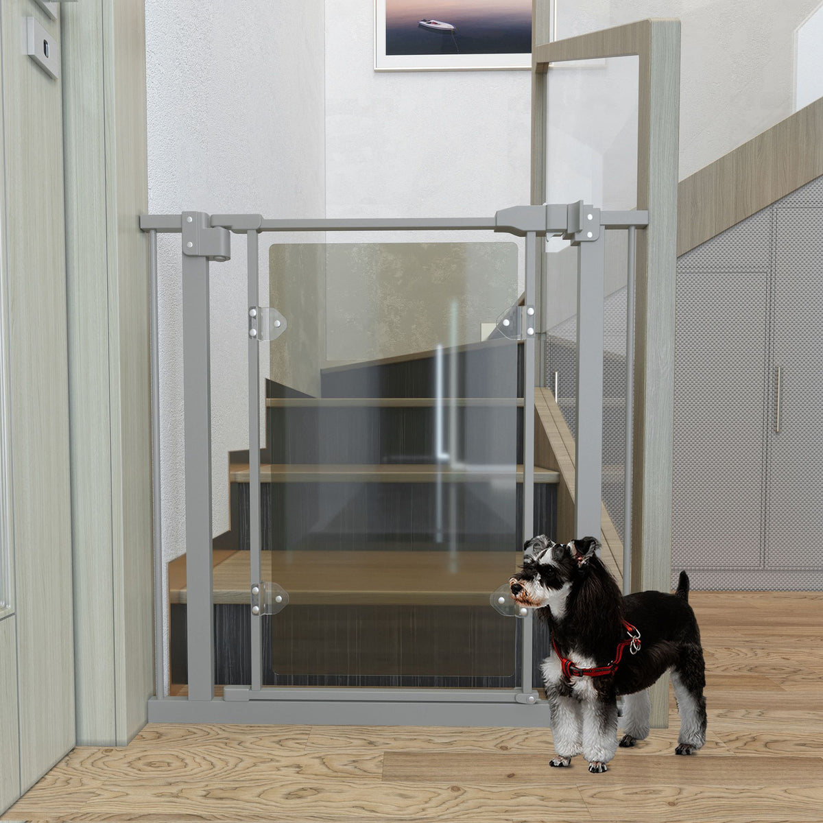 Barreira de Segurança de Cães para Escadas e Portas 74-105cm com 2 Extensões de Aço 10/15cm Porta de Acrílico e Fechamento Automático Altura 76,2cm Cinza — foto 2