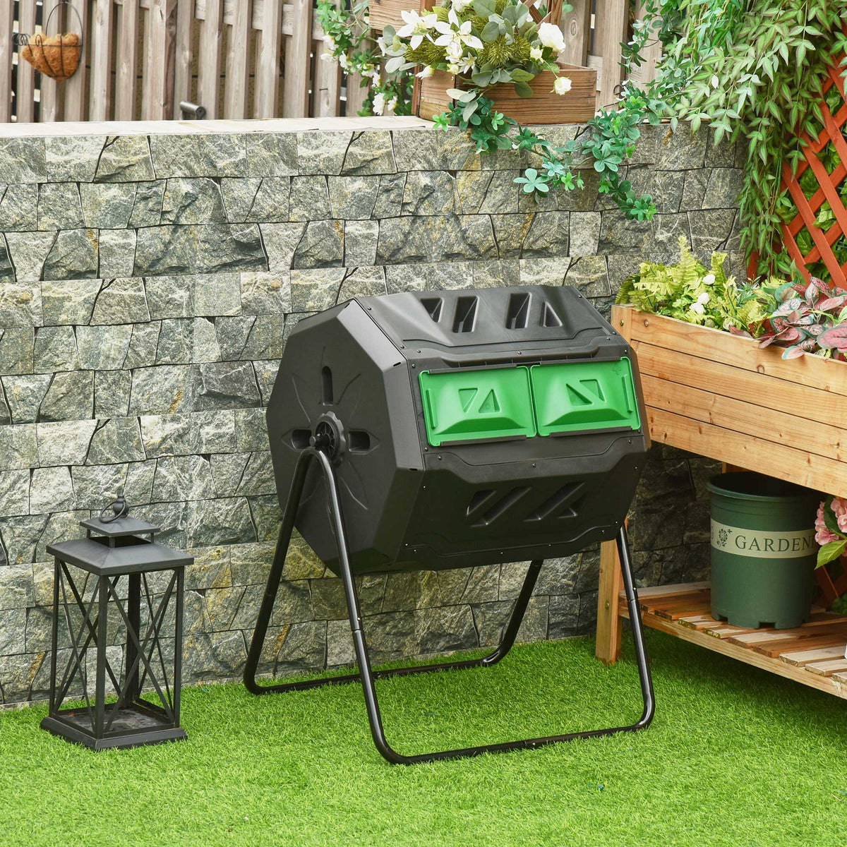 Compostor de Tambor Giratório com Capacidade 160L de Dupla Câmera e Ventilação Estrutura de Aço para Resíduos Orgânicos de Jardim 71x64x92cm Preto e Verde — foto 2