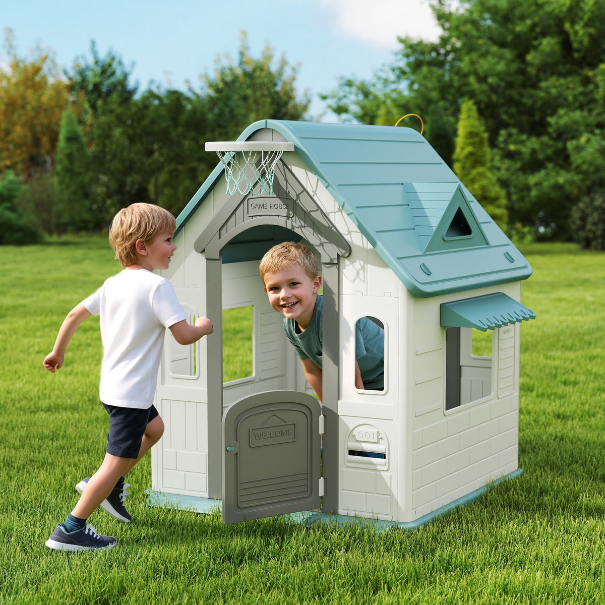 Casa Infantil Exterior e Interior 5 em 1 Casa de Jardim com Lançamento de Anéis Basquetebol Futebol Dardos Casa de Jogos para Crianças dos 2 aos 5 Anos 132x118x124 cm Bege — foto 2
